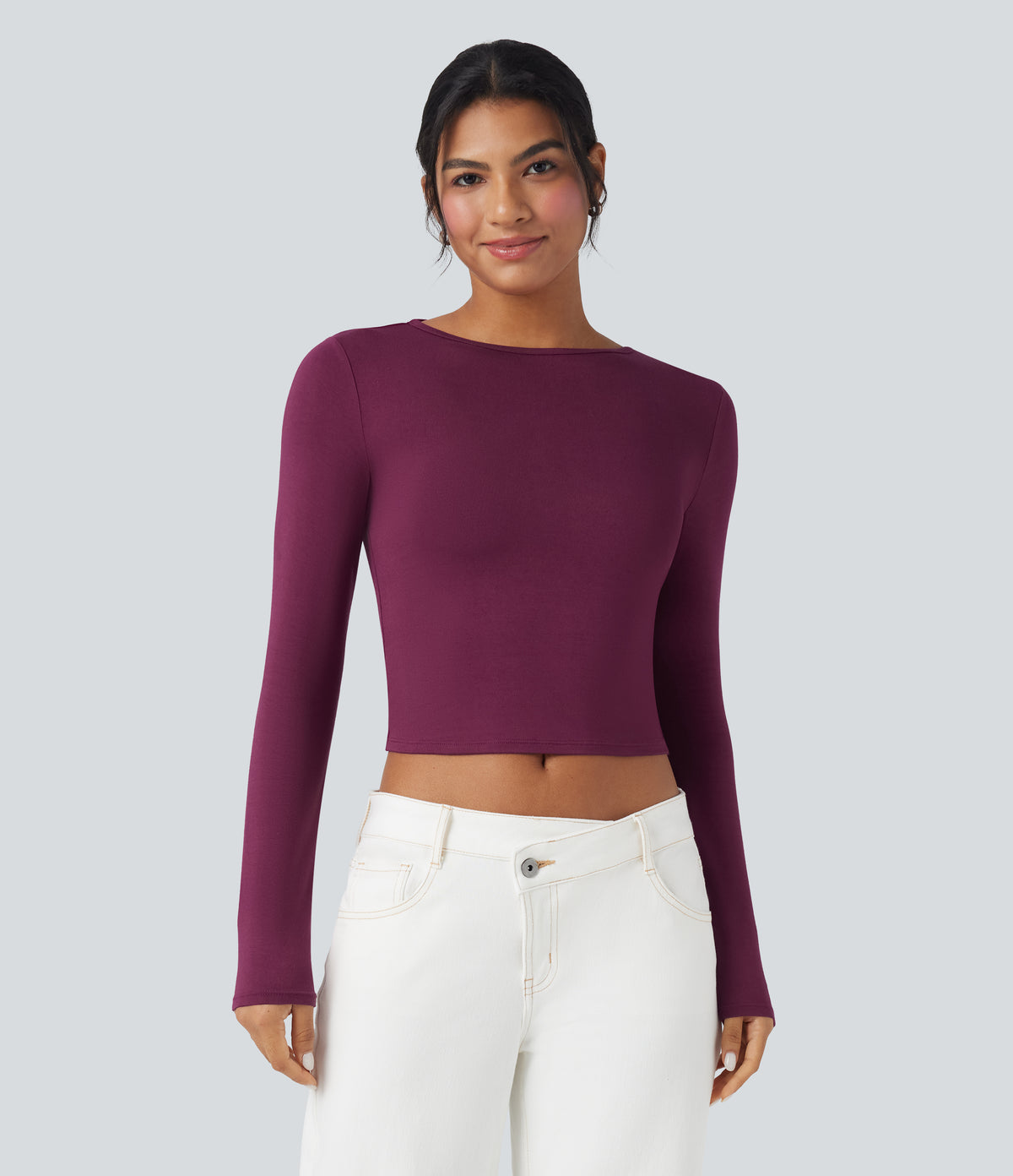 Round Neck Long Sleeve Casual T-Shirt — Red Violet — view 1