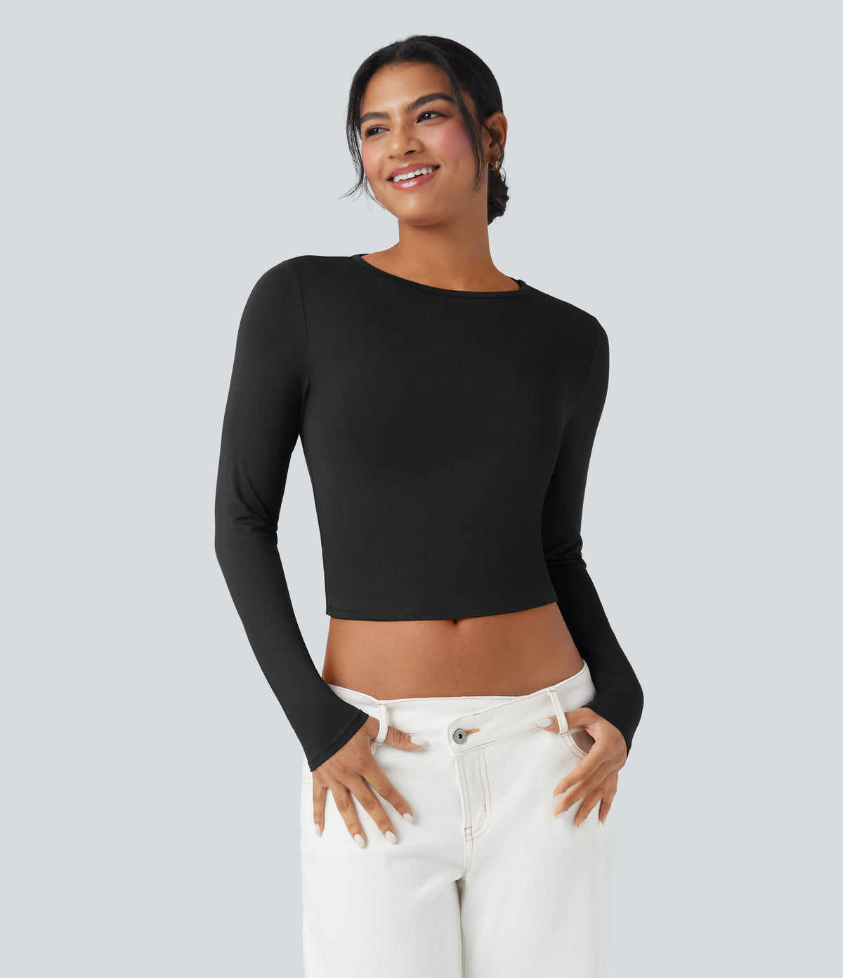 Round Neck Long Sleeve Casual T-Shirt — Black — view 6
