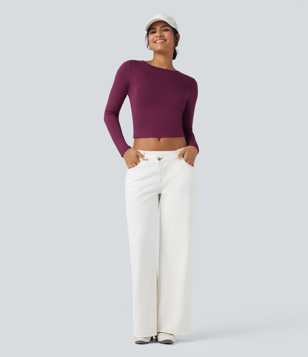 Round Neck Long Sleeve Casual T-Shirt — Red Violet — view 5