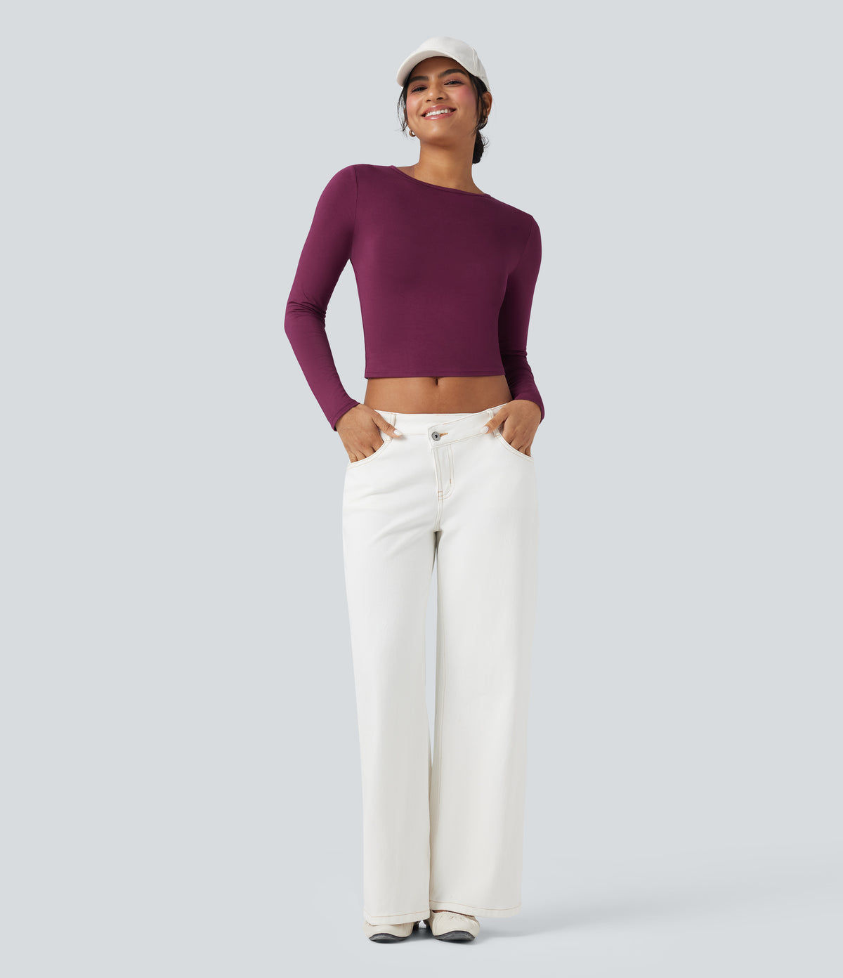 Round Neck Long Sleeve Casual T-Shirt — Red Violet — view 5