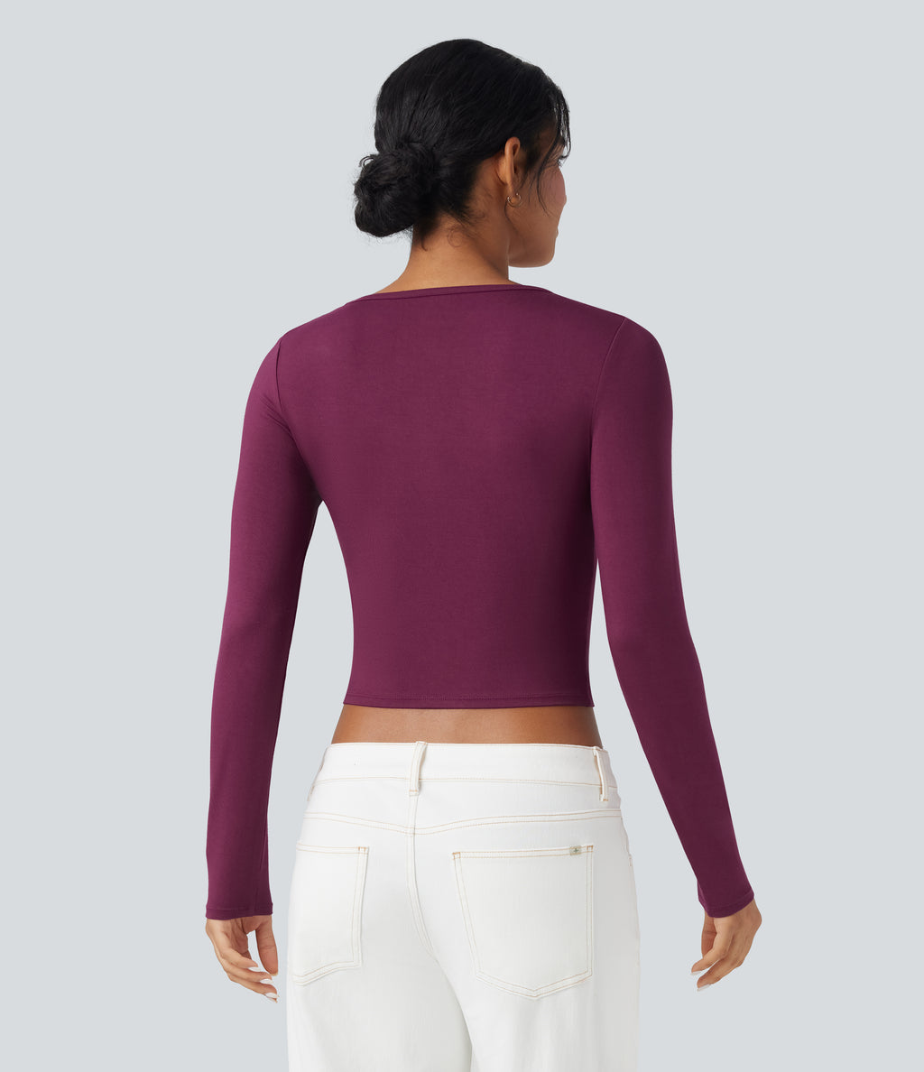 Round Neck Long Sleeve Casual T-Shirt — Red Violet — view 2