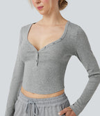 Ribbed Knit Henley Neck Long Sleeve Cropped Lounge Top — Granite Mist — view 4