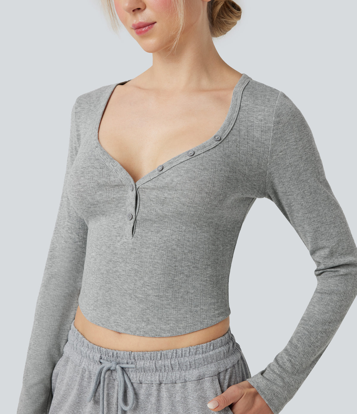 Ribbed Knit Henley Neck Long Sleeve Cropped Lounge Top — Granite Mist — view 4