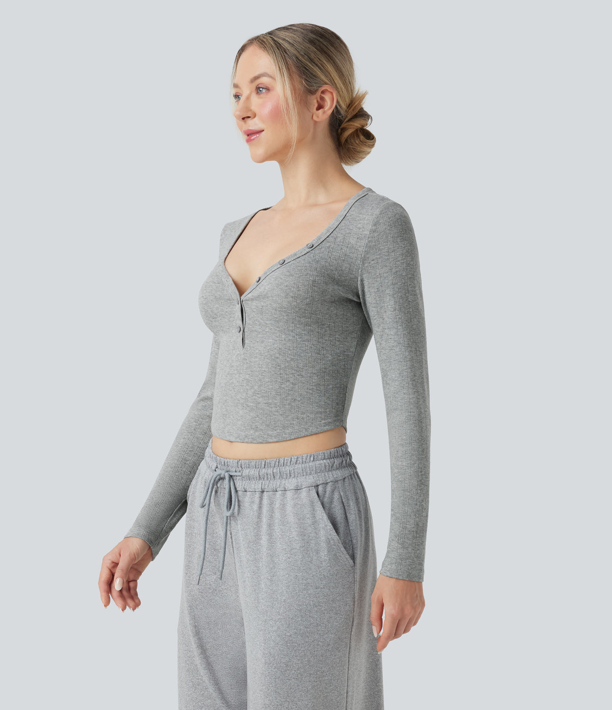 Ribbed Knit Henley Neck Long Sleeve Cropped Lounge Top — Granite Mist — view 1