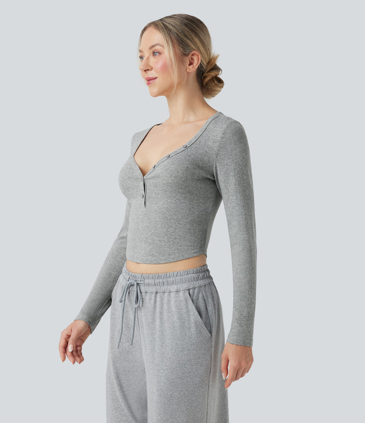 Ribbed Knit Henley Neck Long Sleeve Cropped Lounge Top — Granite Mist — view 1