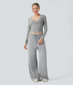 Ribbed Knit Henley Neck Long Sleeve Cropped Lounge Top — Granite Mist — view 6