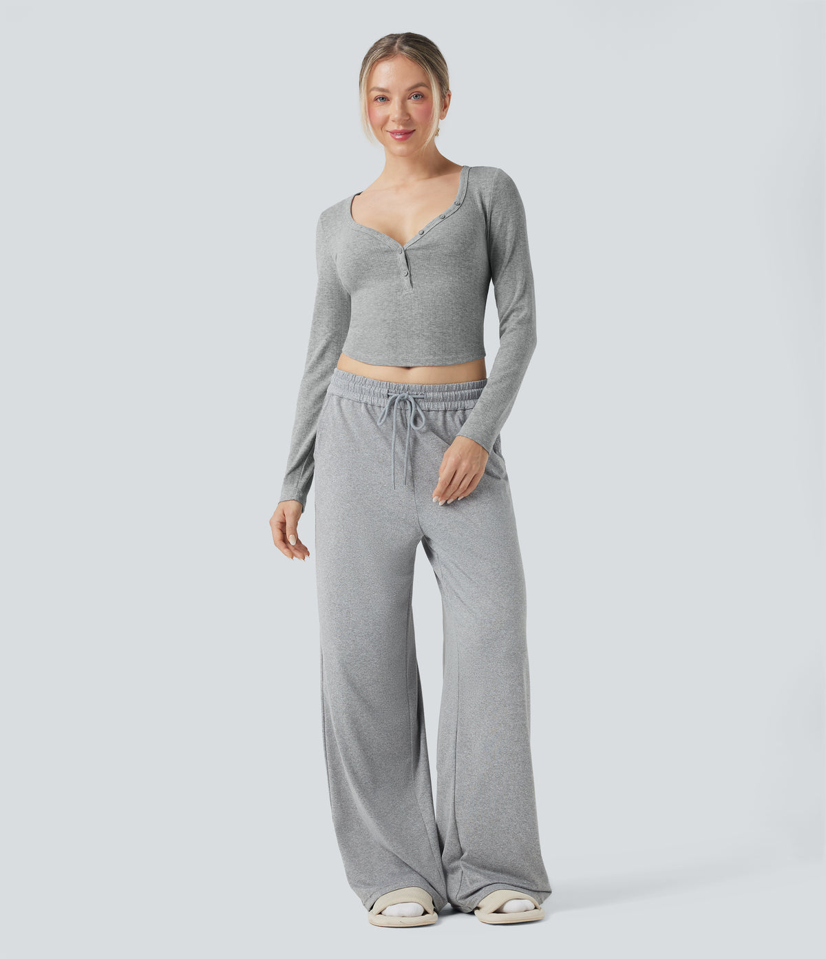 Ribbed Knit Henley Neck Long Sleeve Cropped Lounge Top — Granite Mist — view 6