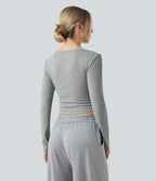 Ribbed Knit Henley Neck Long Sleeve Cropped Lounge Top — Granite Mist — view 3
