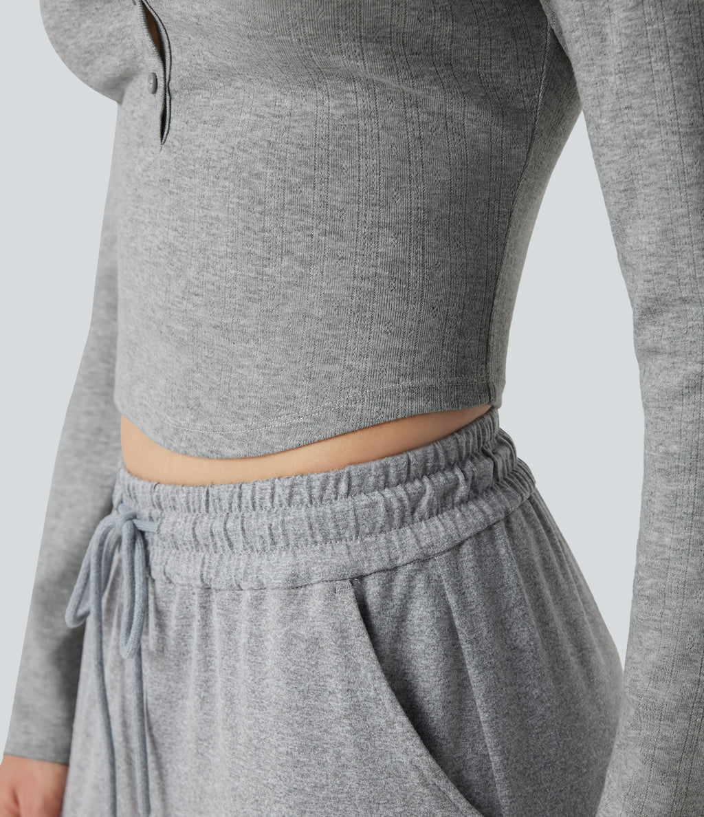 Ribbed Knit Henley Neck Long Sleeve Cropped Lounge Top — Granite Mist — view 5