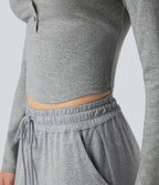 Ribbed Knit Henley Neck Long Sleeve Cropped Lounge Top — Granite Mist — view 5