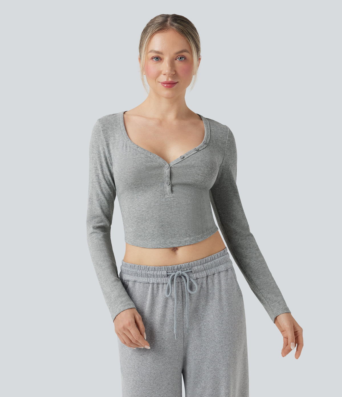 Ribbed Knit Henley Neck Long Sleeve Cropped Lounge Top — Granite Mist — view 2