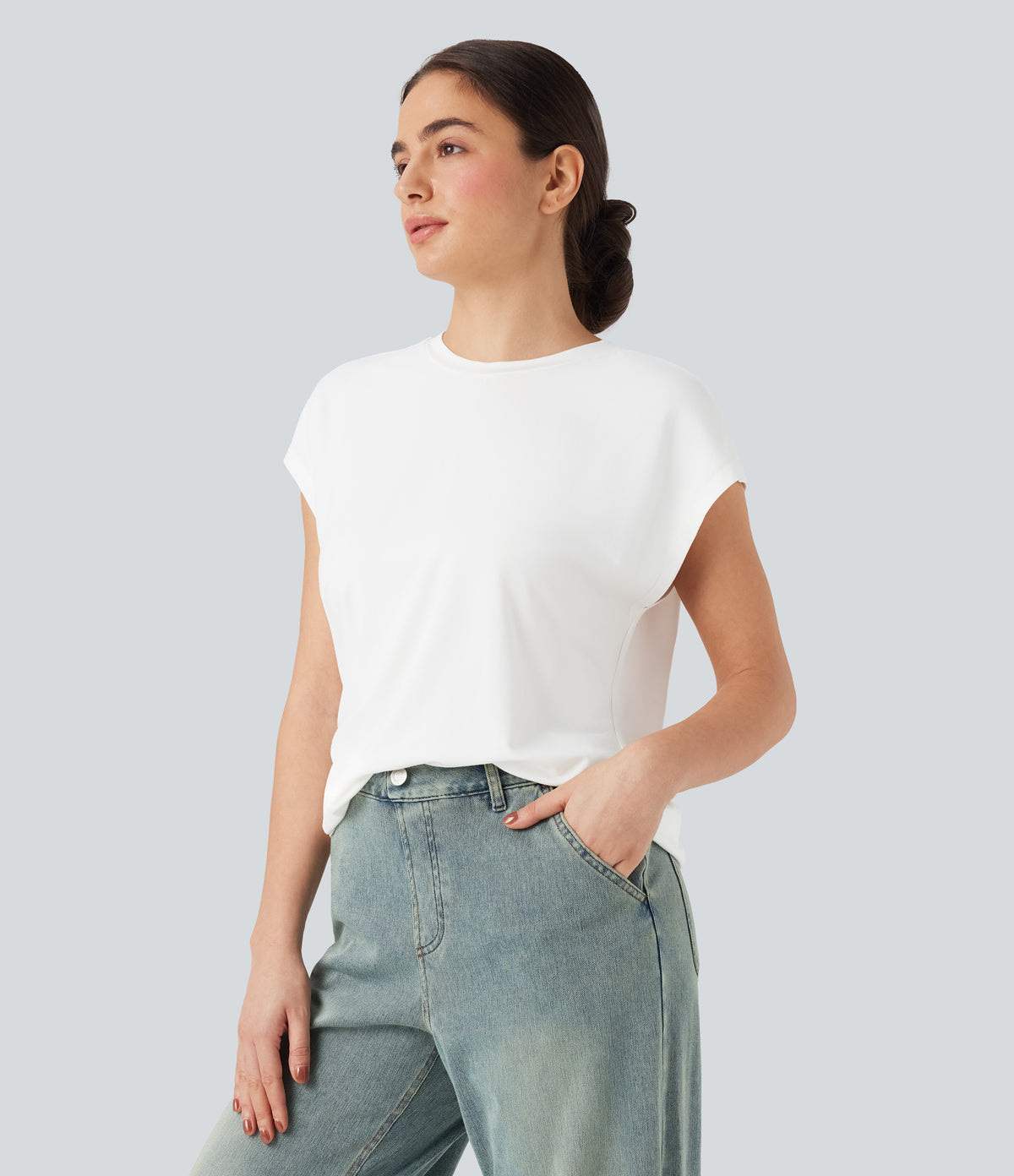 Round Neck Cap Sleeve Casual Top — White — view 3