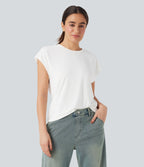 Round Neck Cap Sleeve Casual Top — White — view 1