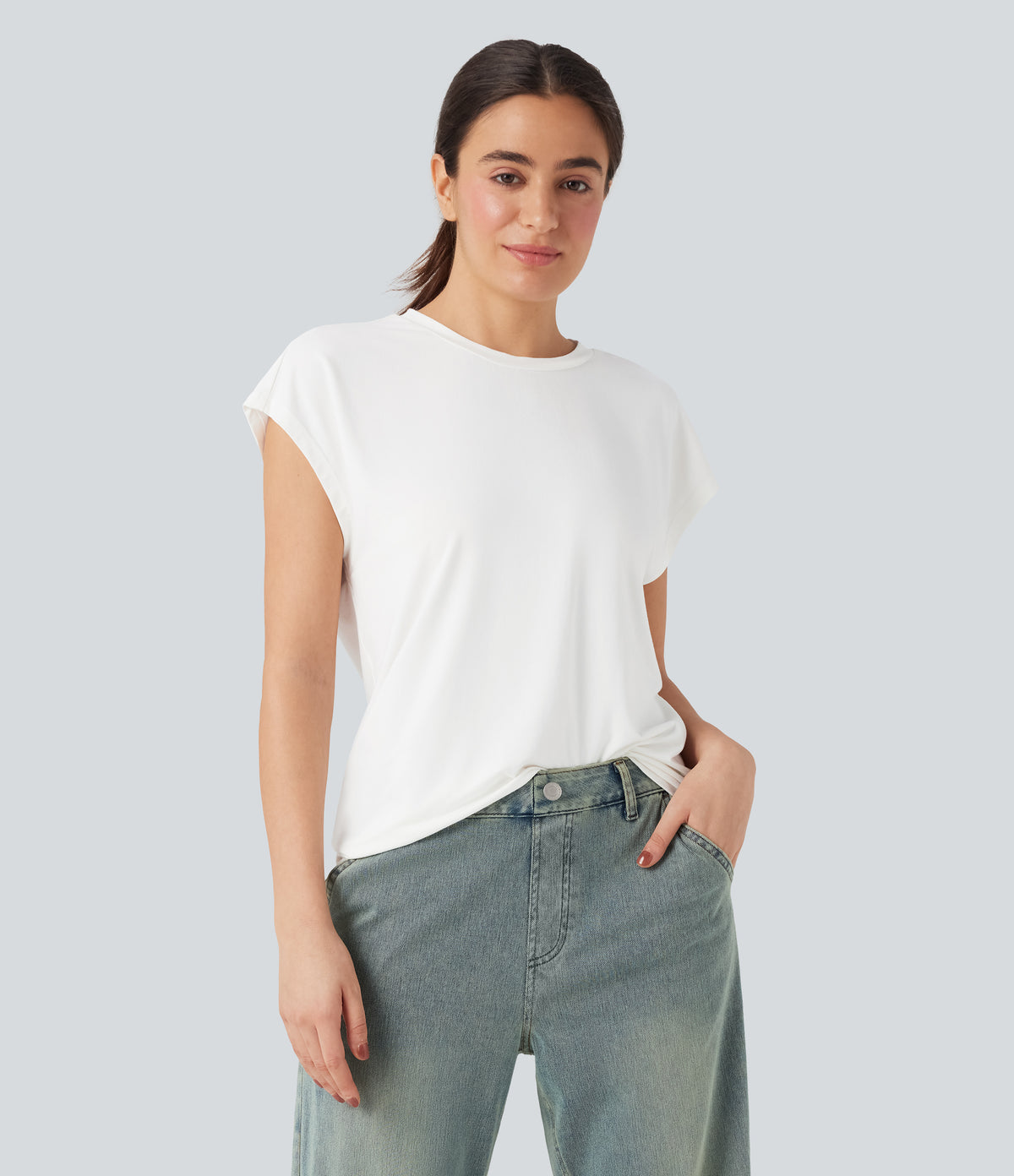 Round Neck Cap Sleeve Casual Top — White — view 1