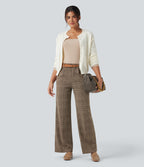 High Waisted Straight Leg Houndstooth Plaid Work Trousers with Pockets — Brown Houndstooth Plaid — view 6