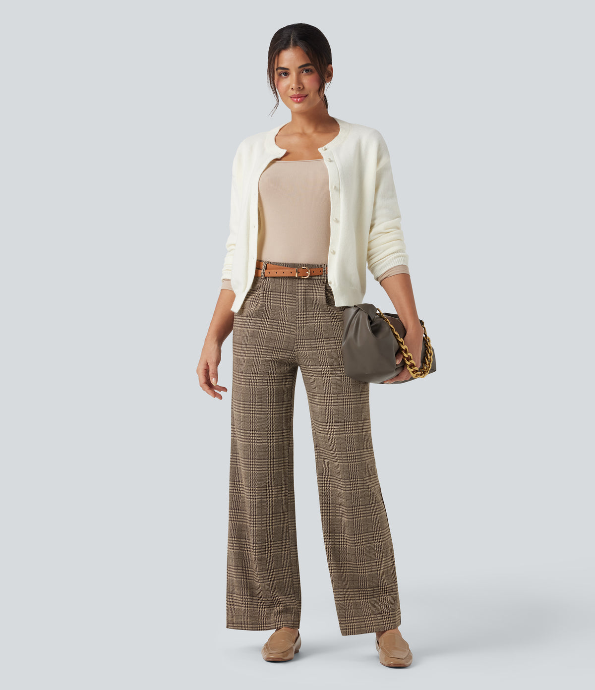 High Waisted Straight Leg Houndstooth Plaid Work Trousers with Pockets — Brown Houndstooth Plaid — view 6