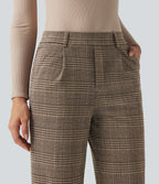 High Waisted Straight Leg Houndstooth Plaid Work Trousers with Pockets — Brown Houndstooth Plaid — view 5