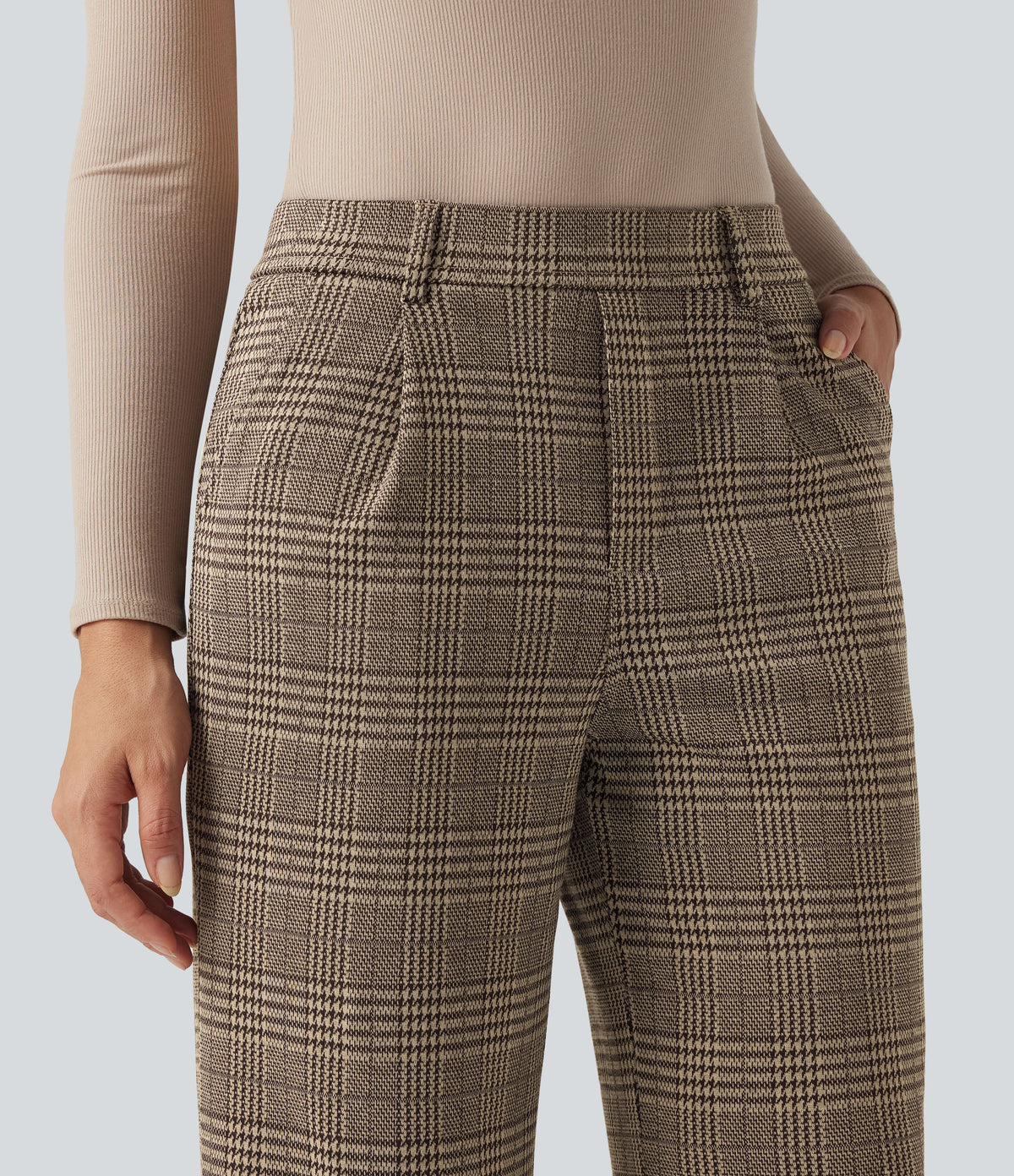 High Waisted Straight Leg Houndstooth Plaid Work Trousers with Pockets — Brown Houndstooth Plaid — view 5