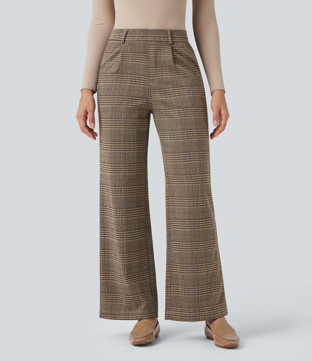 High Waisted Straight Leg Houndstooth Plaid Work Trousers with Pockets — Brown Houndstooth Plaid — view 2