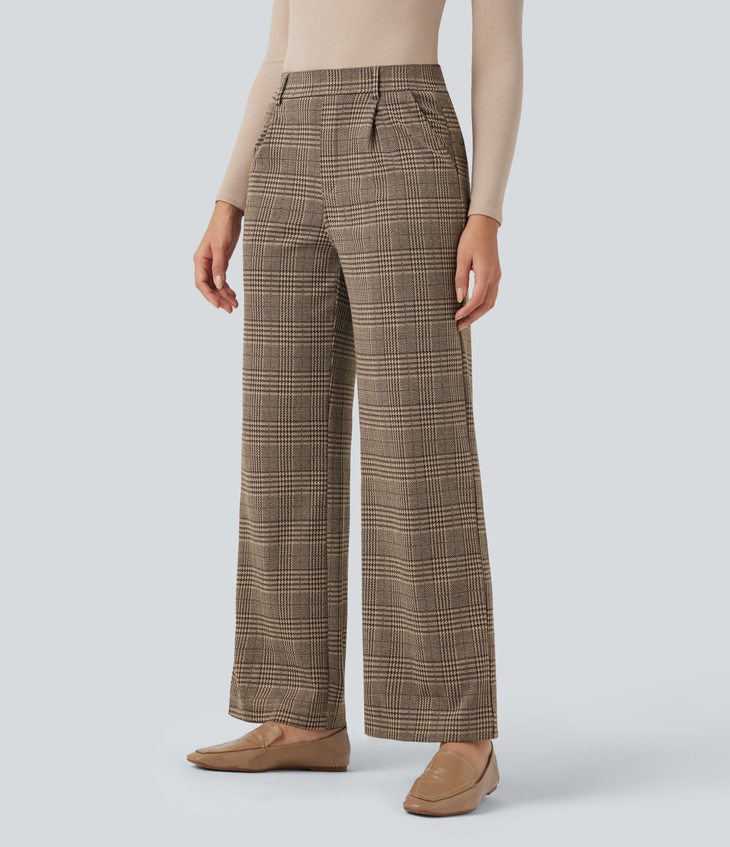 High Waisted Straight Leg Houndstooth Plaid Work Trousers with Pockets — Brown Houndstooth Plaid — view 3