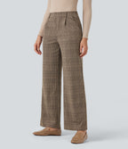 High Waisted Straight Leg Houndstooth Plaid Work Trousers with Pockets — Brown Houndstooth Plaid — view 3