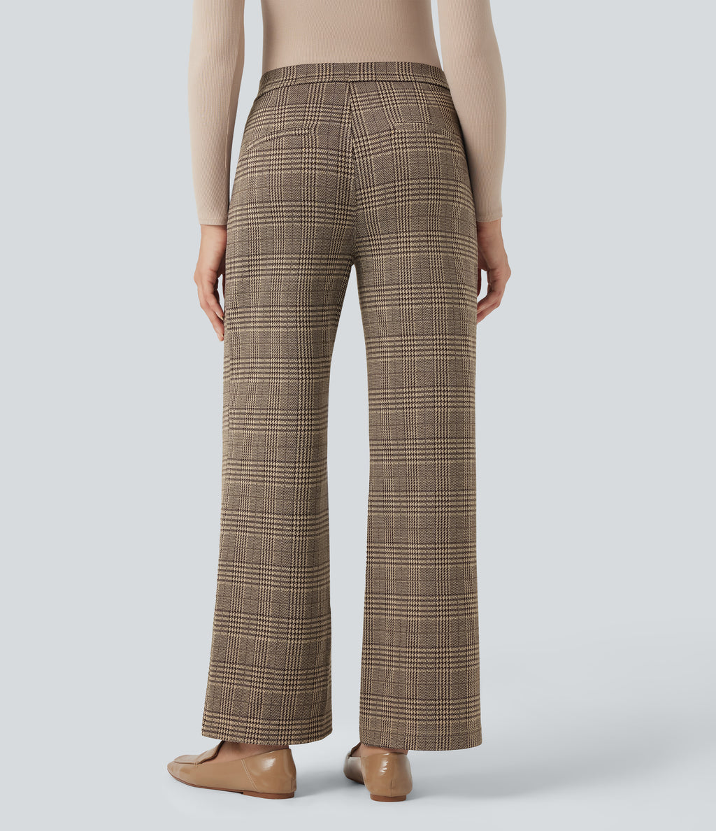 High Waisted Straight Leg Houndstooth Plaid Work Trousers with Pockets — Brown Houndstooth Plaid — view 1