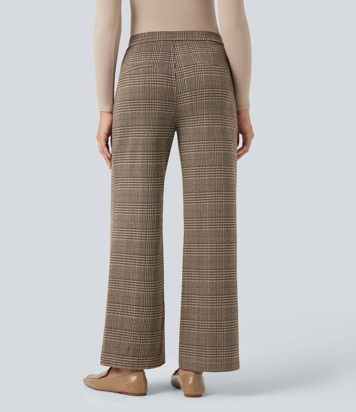 High Waisted Straight Leg Houndstooth Plaid Work Trousers with Pockets — Brown Houndstooth Plaid — view 1