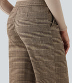 High Waisted Straight Leg Houndstooth Plaid Work Trousers with Pockets — Brown Houndstooth Plaid — view 4