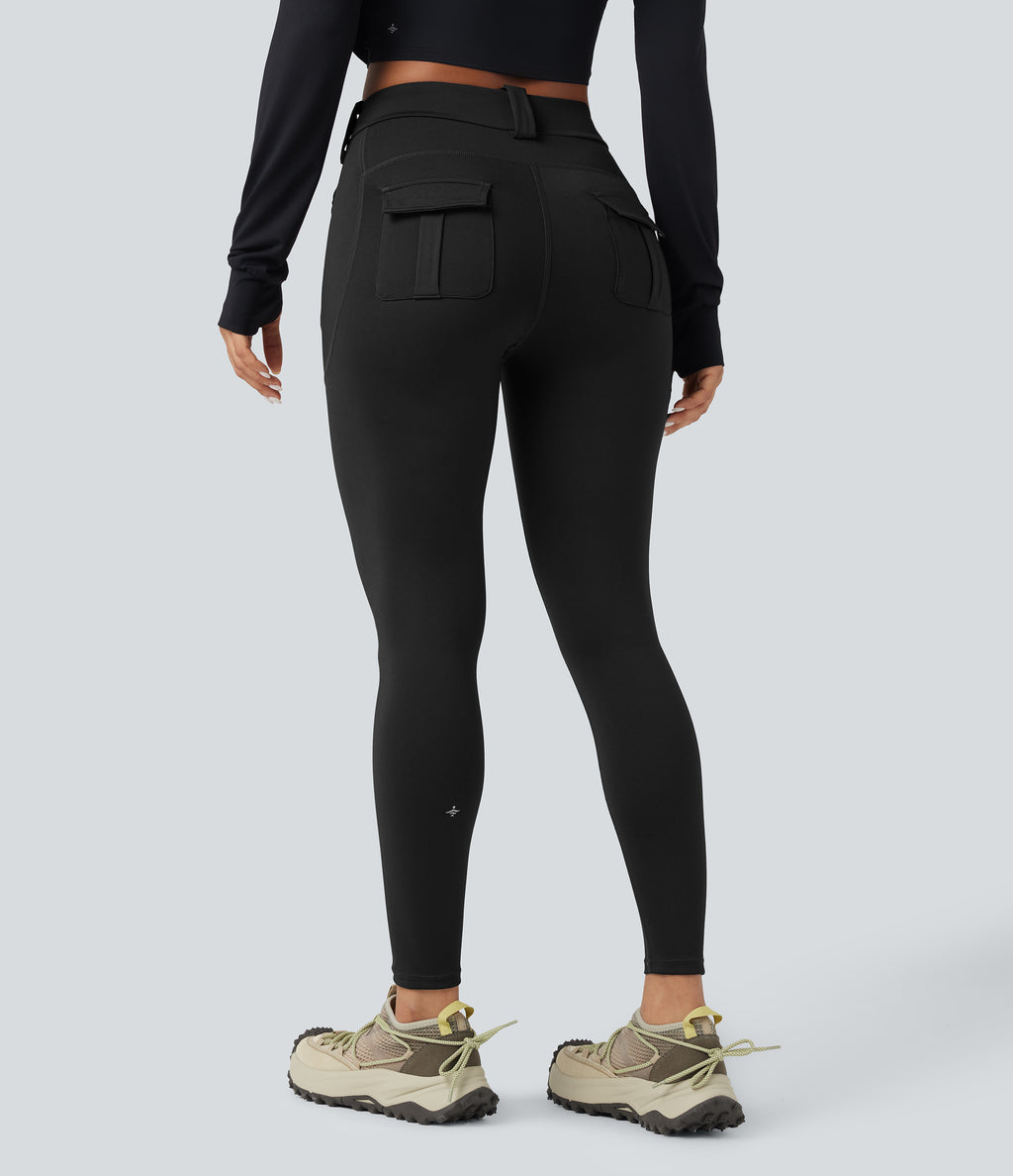 Wear-Resistant Mid Rise Cargo Hiking Leggings with Pockets — Black — view 2