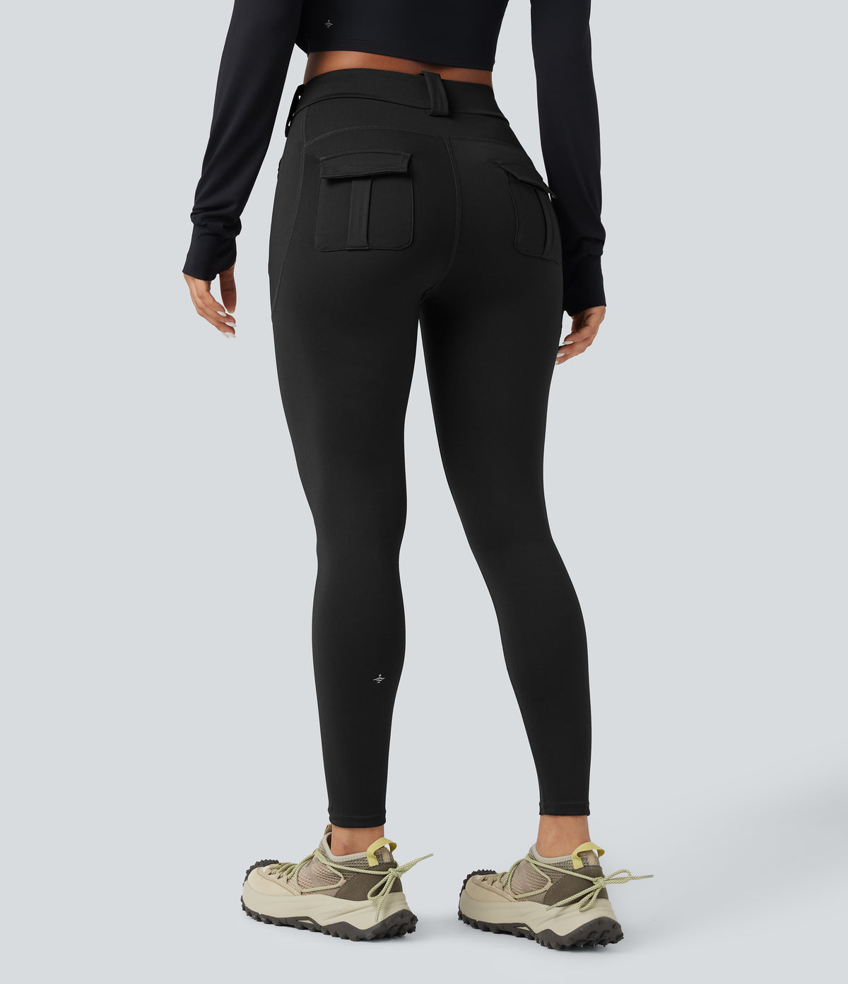 Wear-Resistant Mid Rise Cargo Hiking Leggings with Pockets — Black — view 2