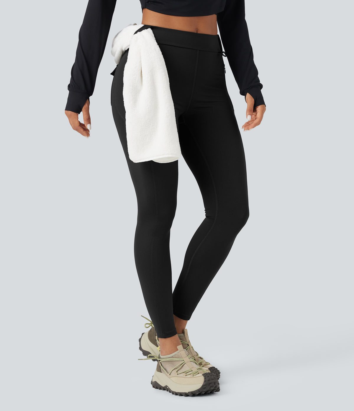 Wear-Resistant Mid Rise Cargo Hiking Leggings with Pockets — Black — view 7