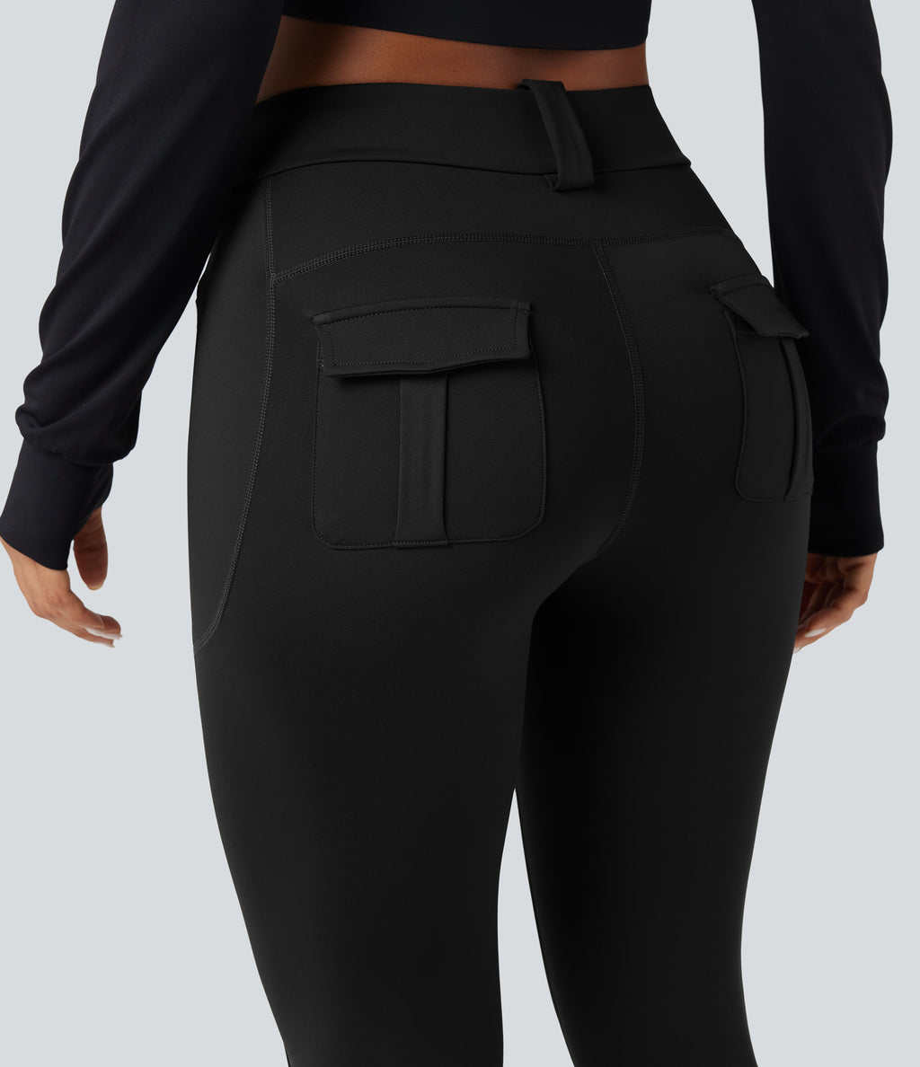 Wear-Resistant Mid Rise Cargo Hiking Leggings with Pockets — Black — view 6