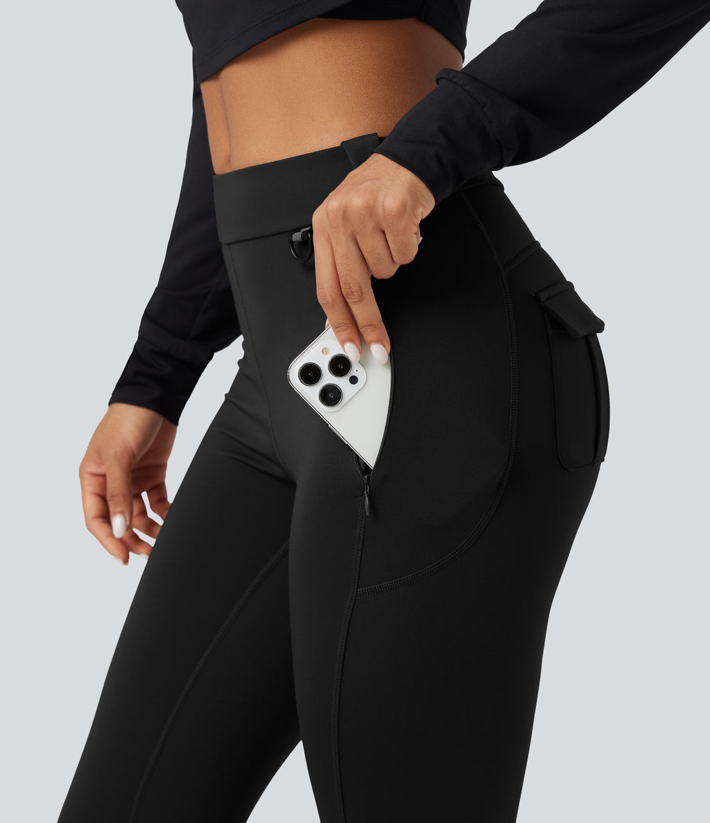 Wear-Resistant Mid Rise Cargo Hiking Leggings with Pockets — Black — view 5