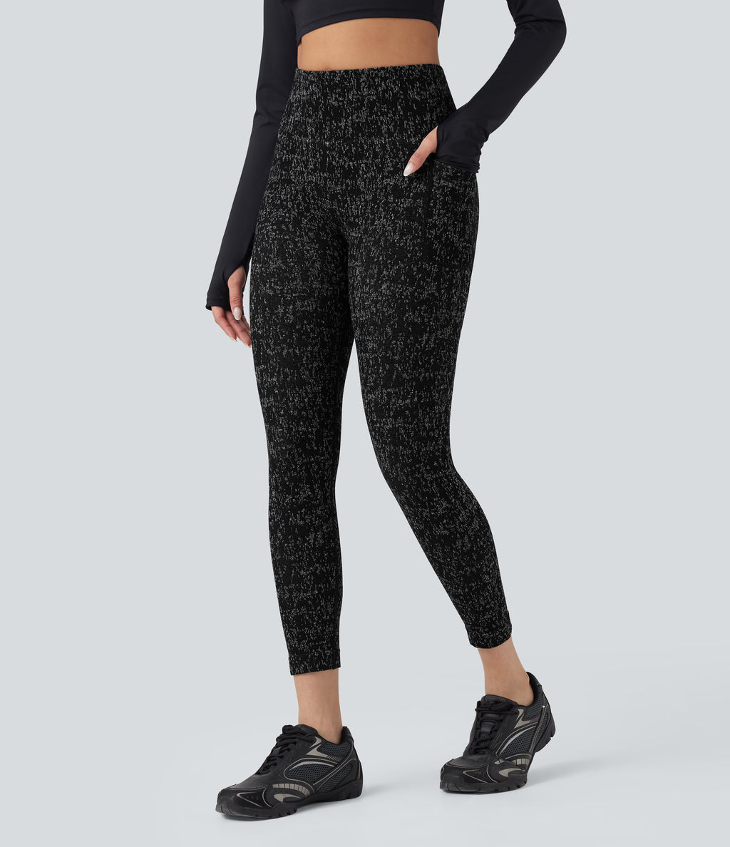 OneForm Seamless Flow High Waisted Speckled 7/8 Yoga Leggings with Pockets — Black — view 3