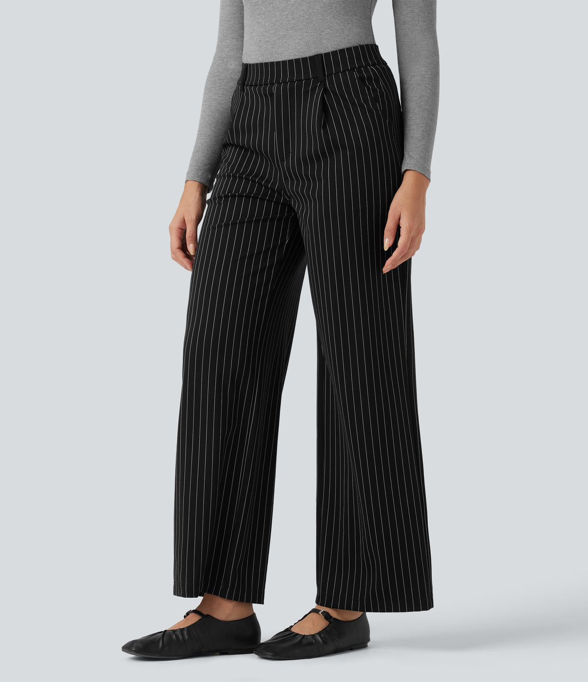 High Waisted Straight Leg InstantCool Stripe Work Trousers with Pockets — Black White Pinstripe — view 2