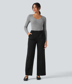 High Waisted Straight Leg InstantCool Stripe Work Trousers with Pockets — Black White Pinstripe — view 6