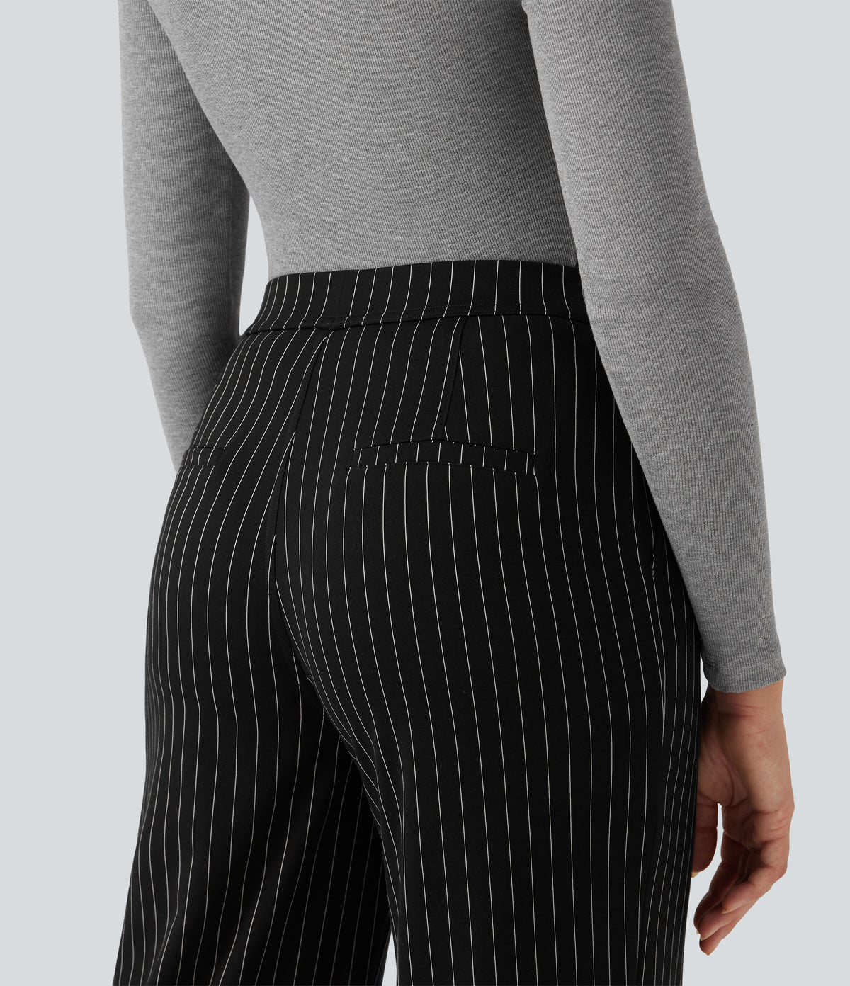 High Waisted Straight Leg InstantCool Stripe Work Trousers with Pockets — Black White Pinstripe — view 4