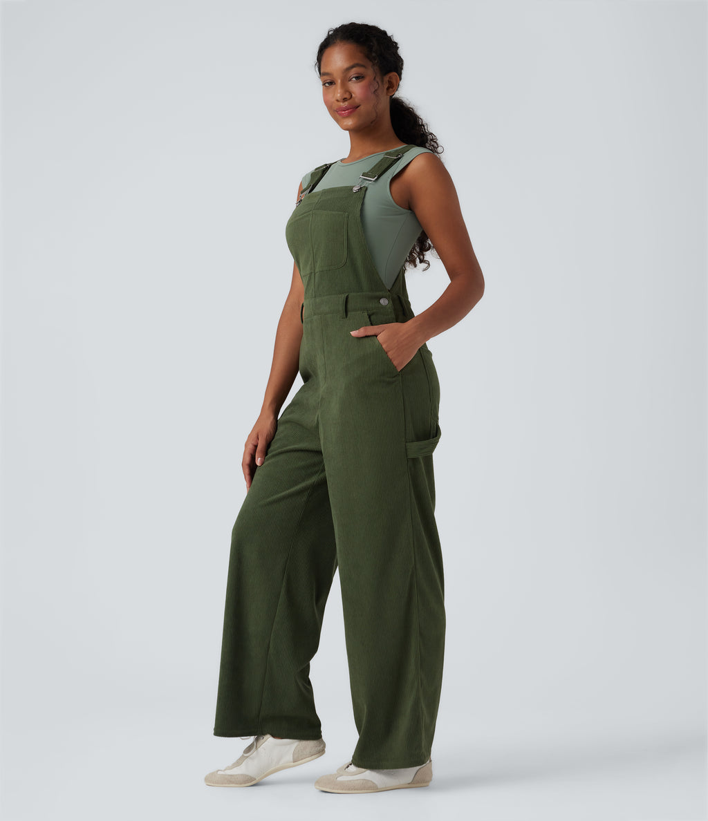 Corduroy Straight Leg Casual Dungarees with Pockets — Rifle Green — view 3