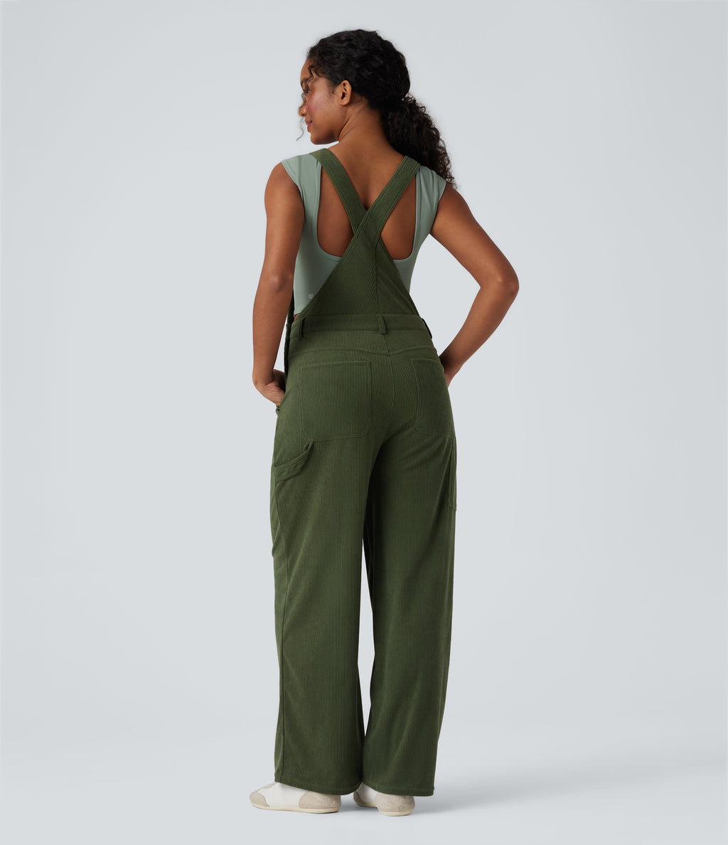 Corduroy Straight Leg Casual Dungarees with Pockets — Rifle Green — view 2