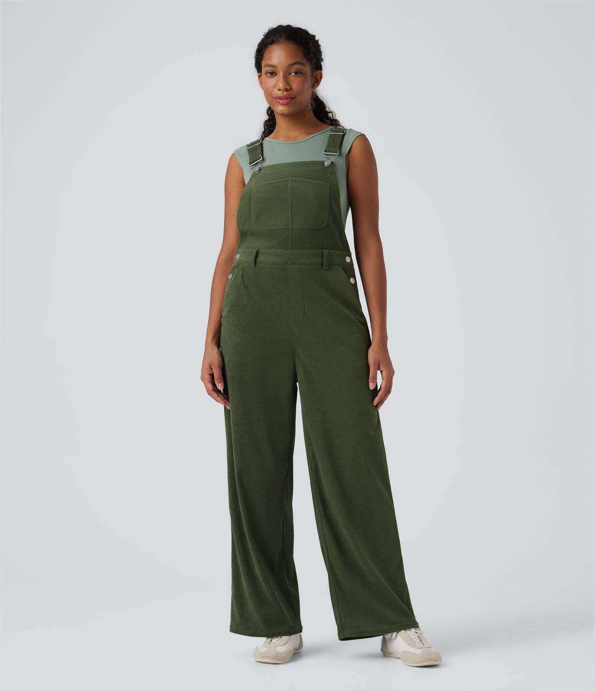 Corduroy Straight Leg Casual Dungarees with Pockets — Rifle Green — view 4