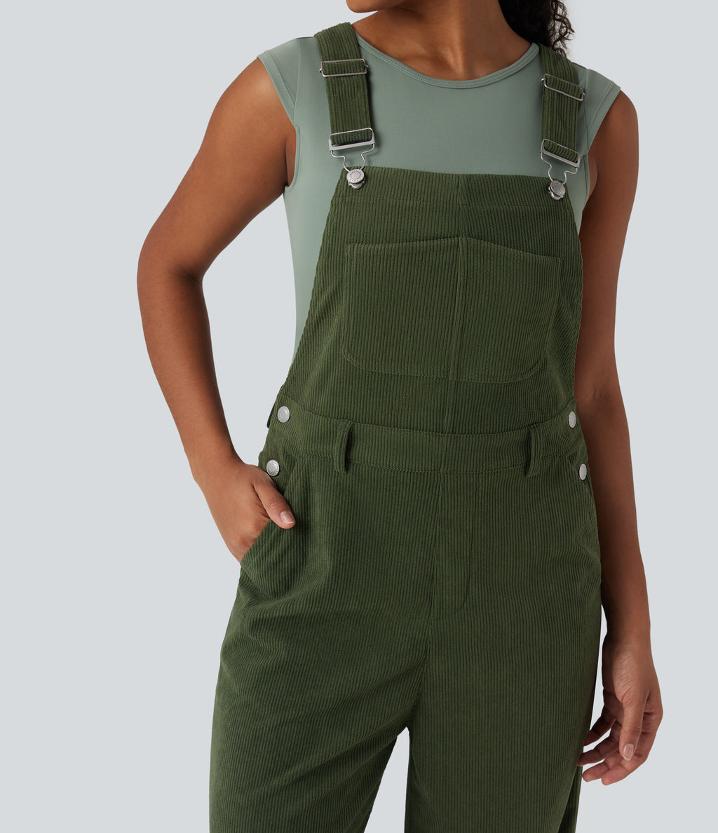 Corduroy Straight Leg Casual Dungarees with Pockets — Rifle Green — view 5