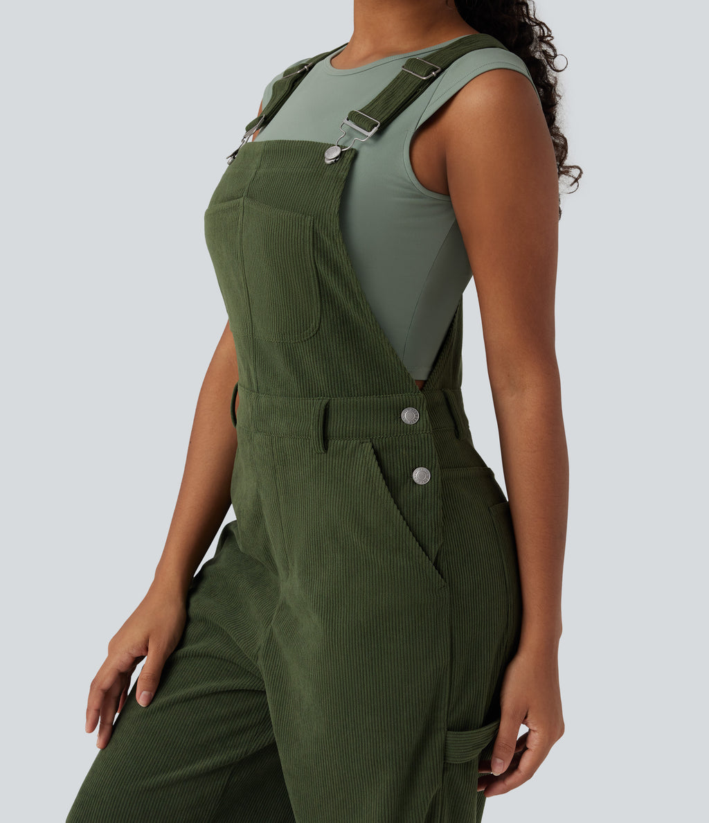 Corduroy Straight Leg Casual Dungarees with Pockets — Rifle Green — view 7