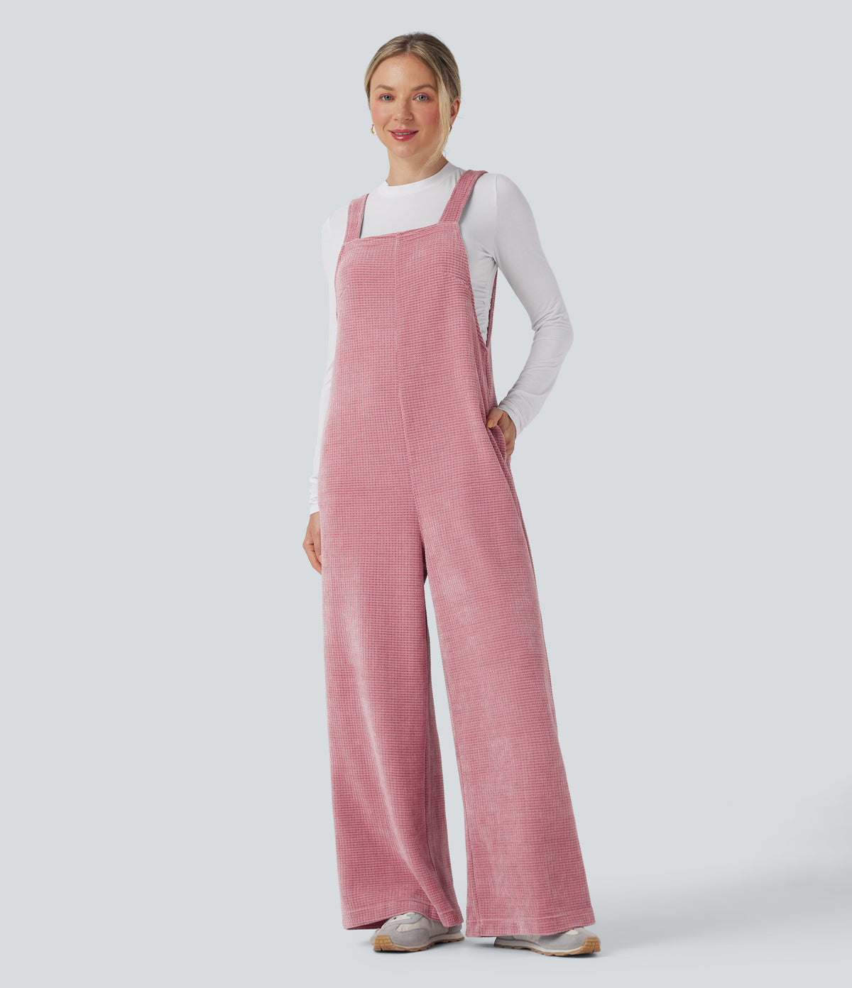 Tie Back Chenille Waffle Casual Dungarees with Pockets — Rose Elegance — view 2