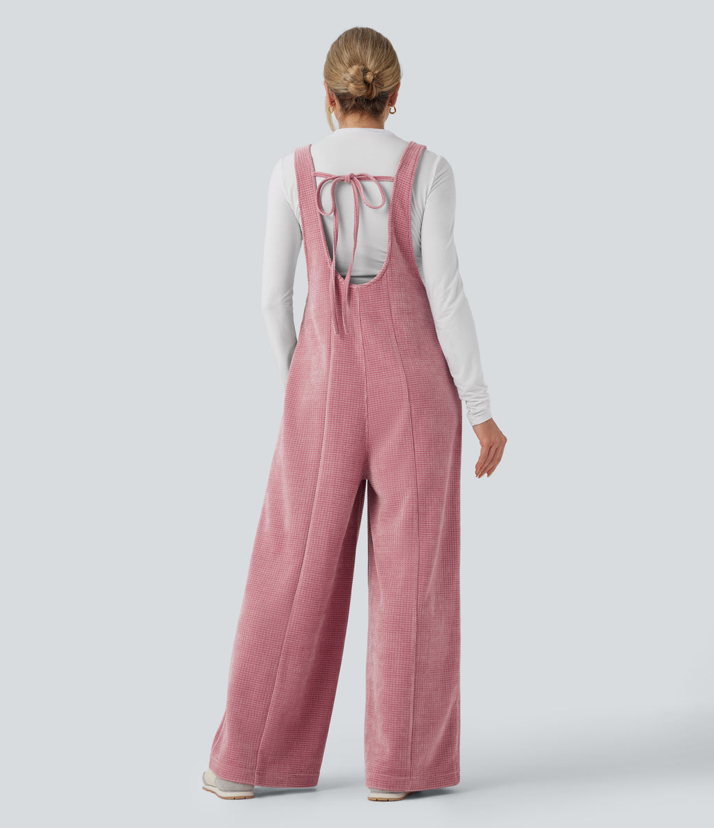Tie Back Chenille Waffle Casual Dungarees with Pockets — Rose Elegance — view 1