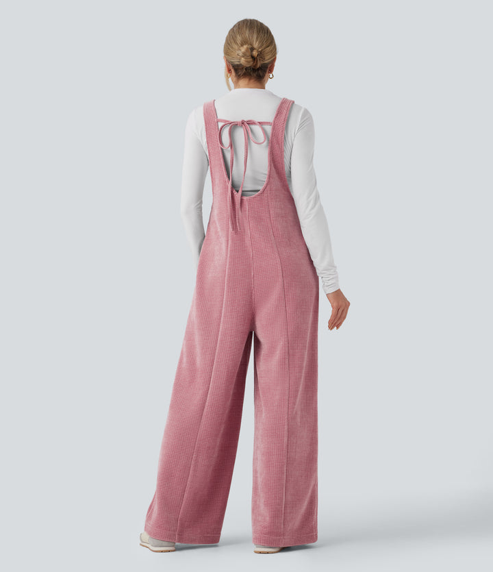 Tie Back Chenille Waffle Casual Dungarees with Pockets — Rose Elegance — view 1