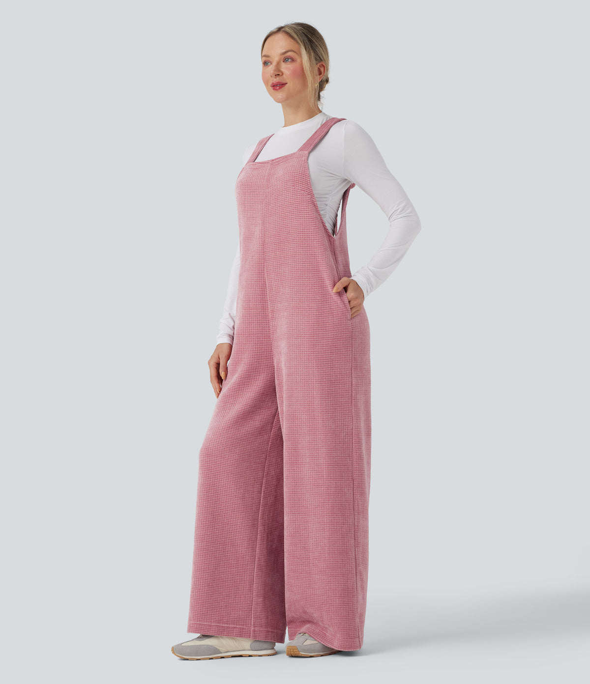 Tie Back Chenille Waffle Casual Dungarees with Pockets — Rose Elegance — view 3