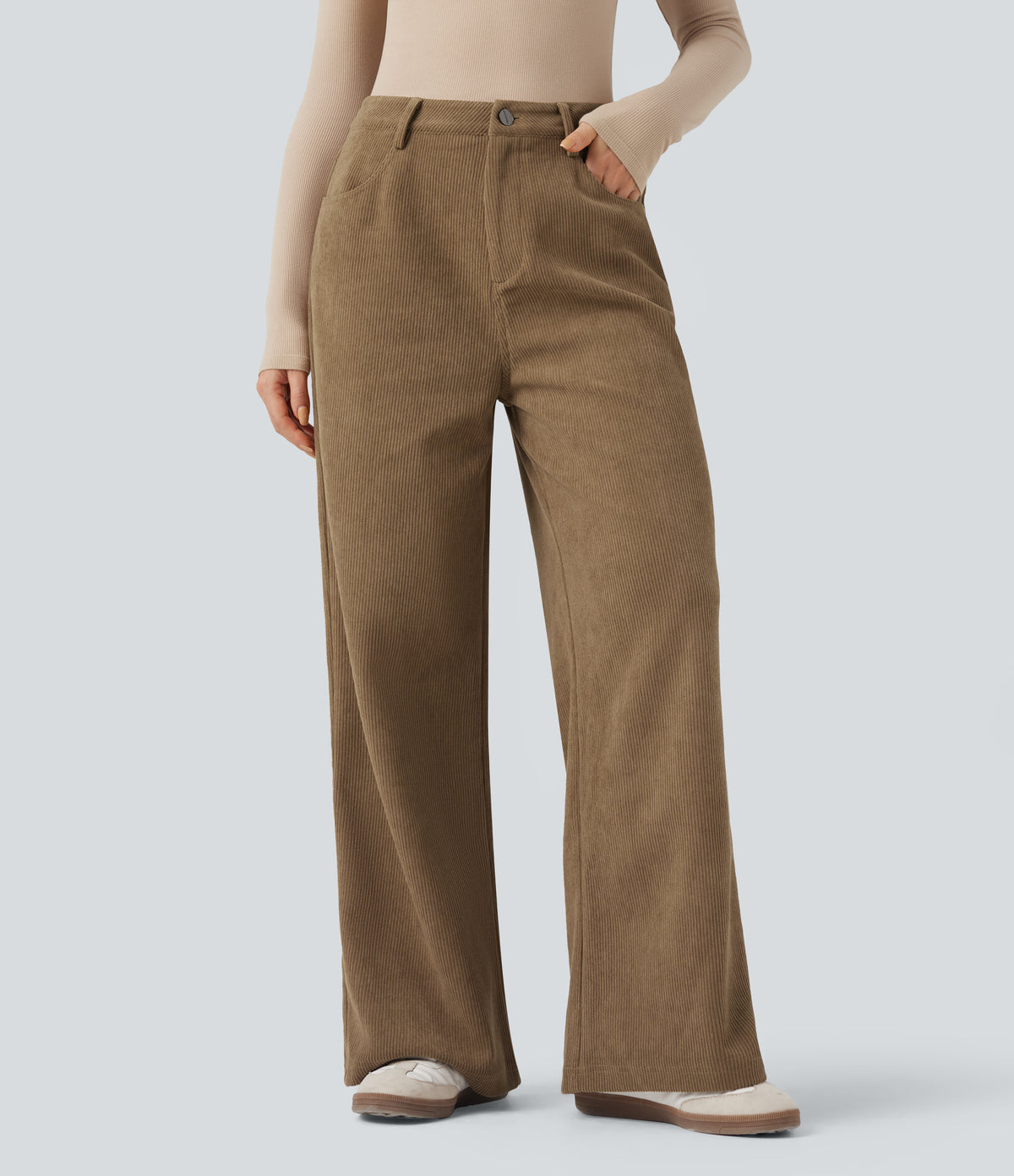 High Waisted Corduroy Casual Baggy Trousers with Pockets — Ermine — view 1