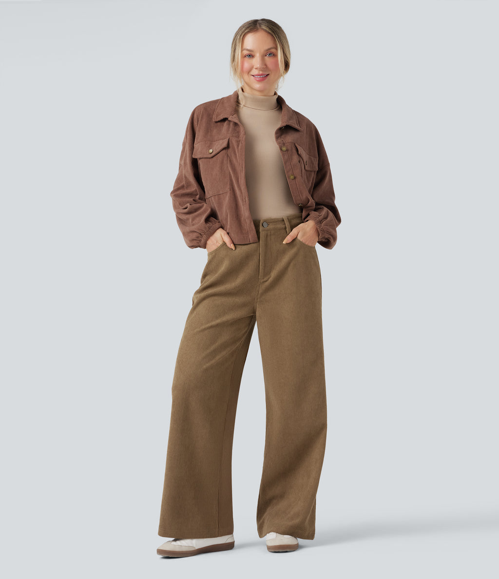 High Waisted Corduroy Casual Baggy Trousers with Pockets — Ermine — view 6