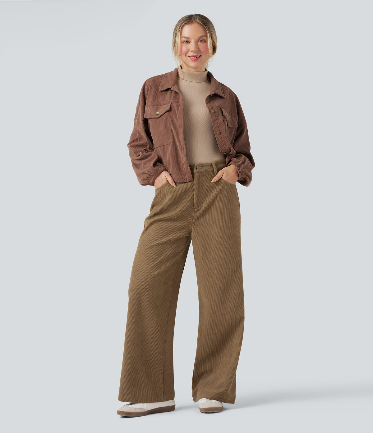 High Waisted Corduroy Casual Baggy Trousers with Pockets — Ermine — view 6