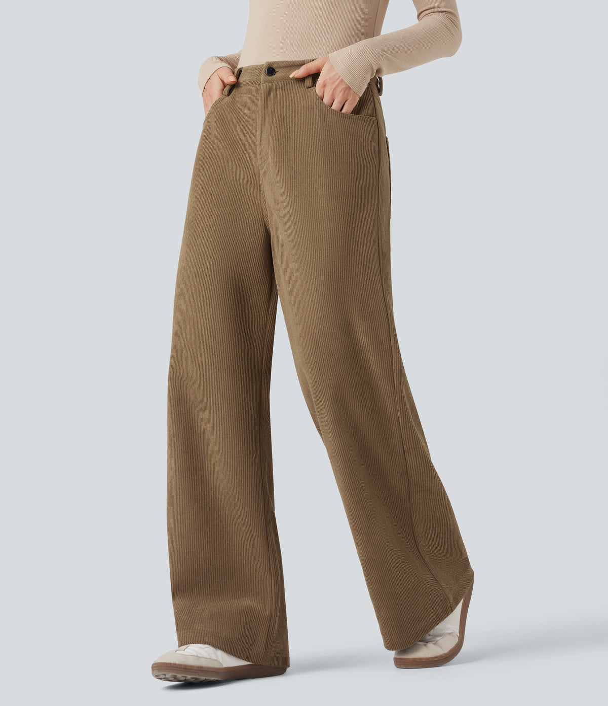 High Waisted Corduroy Casual Baggy Trousers with Pockets — Ermine — view 3